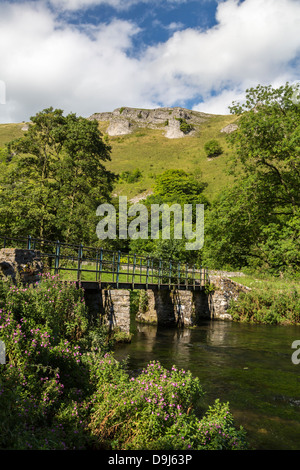 Monsal dale Weir e il fiume Wye fluente attraverso il Derbyshire campagna nell Inghilterra del Nord Foto Stock