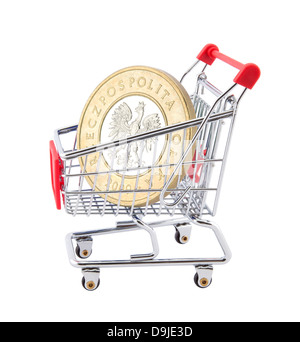 Carrello spesa con il polacco moneta su sfondo bianco Foto Stock