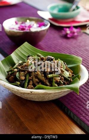 Melanzane tailandesi stir fry con snake fagioli, carne di maiale, tritare le foglie di basilico e cipolla Foto Stock