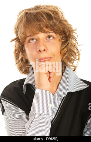 Pensando adolescente Ragazzo che guarda in alto e tenendo la mano al mento isolato su sfondo bianco Foto Stock