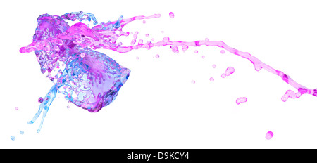 Blu e rosa gli spruzzi di acqua si scontrano - isolato su bianco Foto Stock