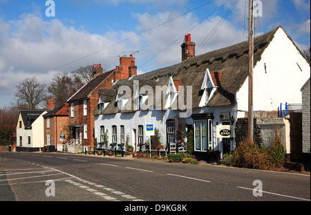 Una fila di tradizionali cottage con il tetto di paglia in Ludham, Norfolk, Inghilterra, Regno Unito. Foto Stock