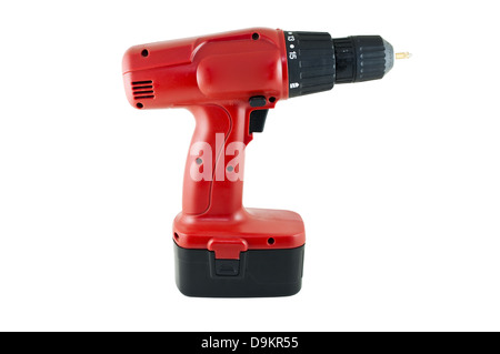 Rosso trapano cordless isolati su sfondo bianco Foto Stock