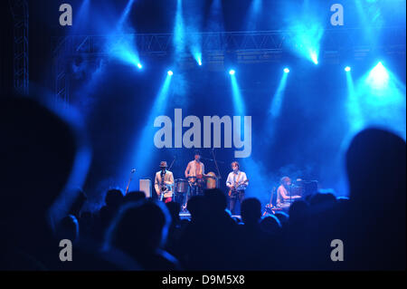 Neuhausen ob Eck, Germania. Il 21 giugno, 2013. La British-banda "Johnny Borrell & Zazou' eseguire sul palco con la sua band presso il Southside Music Festival in Neuhausen ob Eck, Germania, 21 giugno 2013. Foto: Felix Kaestle Foto Stock