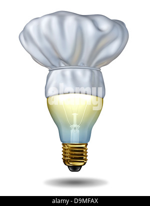 La cottura di idee e di cucina creativa o la cottura creatività con cappello da cuoco su illuminata la lampadina di luce su uno sfondo bianco come un Foto Stock
