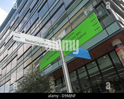 Sign posti presso la BBC Salford Media City UK Manchester REGNO UNITO allo stadio, MediaCityUK Metrolink Foto Stock