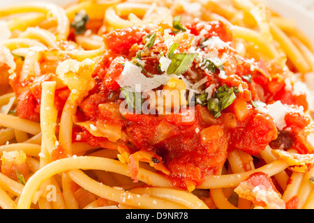 In casa Bucatini all'Amatriciana la pasta con il sugo di pomodoro e basilico Foto Stock