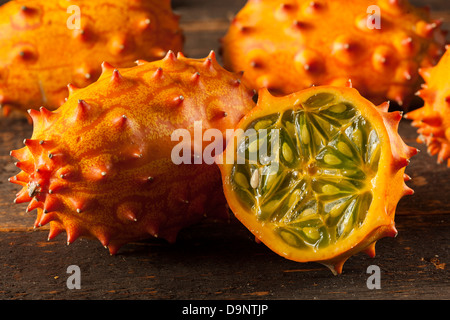 Arancione organico Kiwano Melone con picchi di fico d'India Foto Stock