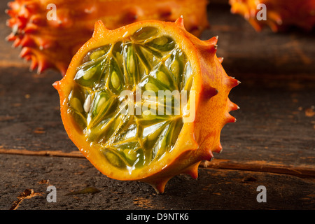 Arancione organico Kiwano Melone con picchi di fico d'India Foto Stock