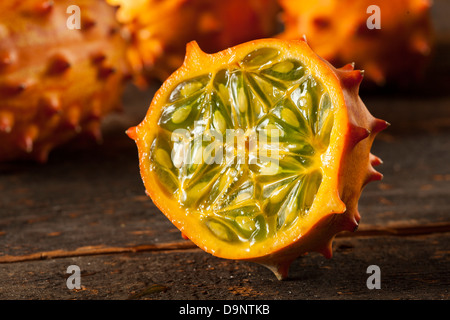 Arancione organico Kiwano Melone con picchi di fico d'India Foto Stock