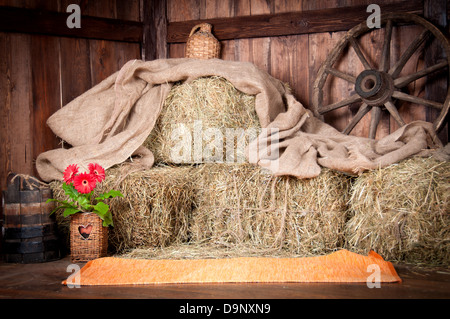 Interno di una fattoria rurale - hay, ruota, fiore. Foto Stock