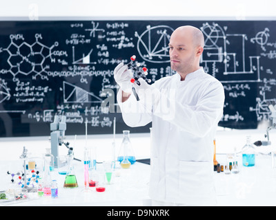 Vista laterale di uno scienziato analizzando un acido citrico modello molecolare in un laboratorio di chimica intorno ad una tabella lab con liquidi colorati e Foto Stock