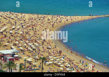 Vista aerea del folle sulla spiaggia affollata, Barcellona, Spagna Foto Stock