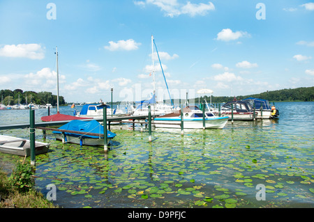 Molte barche con n. di persone su un grande fiume a Berlino Germania Foto Stock