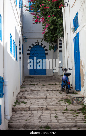 Strada stretta con il ciclomotore in Sidi Bou Said, Tunisia Foto Stock