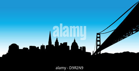 Il vettore dello skyline di San Francisco su sfondo blu Foto Stock