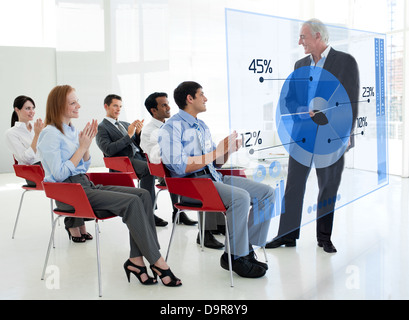 La gente di affari battimani stakeholder in piedi nella parte anteriore del grafico a torta blu interface Foto Stock