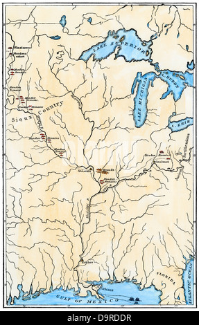 Caitlin la mappa che mostra le mosse del Mandans e il luogo della loro estinzione, 1837. Colorate a mano incisione di un George Caitlin illustrazione Foto Stock