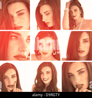 Collage di attraente brunette con rossetto rosso in seppia Foto Stock