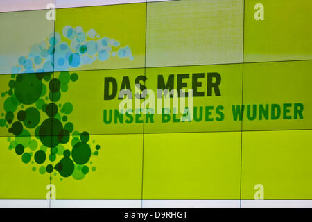 Berlino, Germania. Il 25 giugno, 2013. Il dottor Peter Raumsauer, ministro federale tedesco dei trasporti, della costruzione e dello sviluppo urbano , Segretario di Stato parlamentare Ferlemann Enak e il dottor Heiner Heseler, il consiglio della città di Brema, tenere discorsi sull'evento su "La futura politica marittima di Germania 2014" dove discutono sulla responsabilità per i mari e gli oceani. Immagine: Plackart della campagna: il mare, la nostra meraviglia blu". Credito: Reynaldo Chaib Paganelli/Alamy Live News Foto Stock