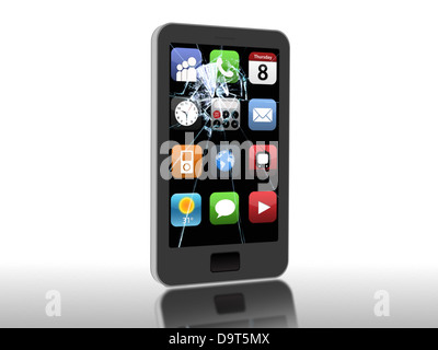 Smartphone rotto in piedi su una superficie riflettente Foto Stock