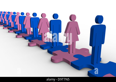 Linea di blu e rosa forme umane in piedi sopra ingranato jigsaw pezzi Foto Stock
