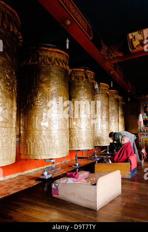 Un monaco da una preghiera-ruota nel Druk Sangag Thubten Choling Gompa (Monastero Dali) a Darjeeling, West Bengal, India. Foto Stock