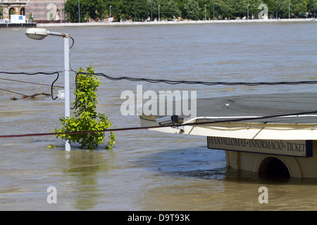 Il Fiume Danubio sul suo livello di picco a 891cm / 8.91m / 32.185ft a Budapest Ungheria nel giugno 2013. Foto Stock