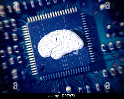 Cervello nel mezzo di una sfocatura scheda di circuito Foto Stock