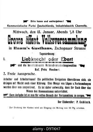 Invito del Partito Comunista di Germania (KPD) a una riunione pubblica il 15 gennaio 1919 sull'ocassion dell'imminente elezione dell'assemblea nazionale tedesca a Chemnitz, in Germania. La stessa sera, i membri fondatori del KPD, Rosa Luxemburg e Karl Liebknecht, sono stati assassinati a Berlino, in Germania. Fotoarchiv für Zeitgeschichte Foto Stock