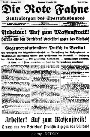 L'invito a scioperi della Lega Spartacus nel giornale "Die Rote Fahne" ("la bandiera rossa") pubblicato il 7 dicembre 1918. Fotoarchiv für Zeitgeschichte Foto Stock