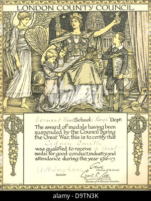 Premio per la frequenza scolastica certificato del Consiglio della contea di Londra durante la prima guerra mondiale Foto Stock
