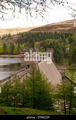 Derwent Reservoir con la diga di Derwent all'estremità meridionale, il giorno della ricreazione di Dambusters che praticano voli sulla diga Foto Stock