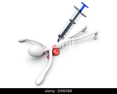 Un cartoon figura ucciso da un gigante di siringa. 3D reso illustrazione. Isolato su bianco. Foto Stock