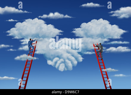 Accordo piano e business deal con un gruppo di imprese di due imprenditori salire le scale a lavorare insieme nel quadro del partenariato per la forma delle nuvole nel cielo come una stretta di mano simbolica. Foto Stock