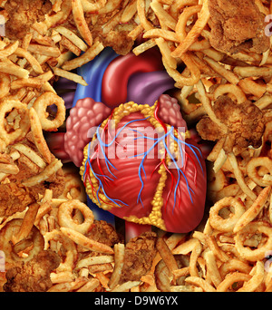 La malattia di cuore cibo cure mediche concetto con un cuore umano organo circondato da gruppi di colesterolo grassi ricchi alimenti fritti come un simbolo di arterie intasamento a causa di grassi nella dieta. Foto Stock