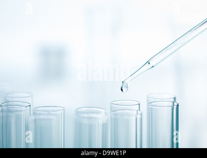 Un close-up di un laboratorio pipetta di vetro con caduta di emergenti di sostanza nell'arco di uno di diversi tubi di prova su uno sfondo luminoso Foto Stock