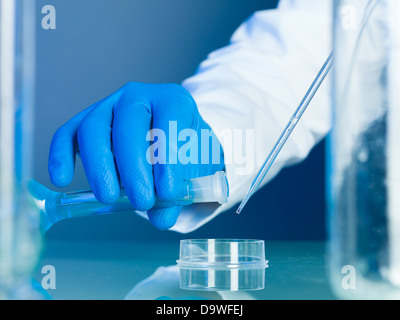 Persona che indossa un bianco camice blu e guanti di gomma versando una sostanza di colore blu in una piastra di petri e la sua miscelazione con gocce di liquido trasparente da una pipetta su una superficie riflettente Foto Stock