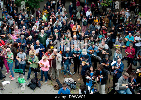 Messa busk al 2013 Ukulele Festival di Gran Bretagna Foto Stock