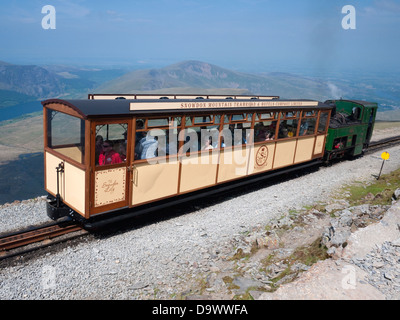 Snowdon Mountain patrimonio ferroviario trasporto e la locomotiva a vapore "Enid' sul finale di tirare per il vertice Foto Stock