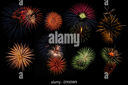 Collage di festosi fuochi d'artificio in cielo notturno Foto Stock