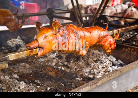 Tutto il maiale arrosto su uno spiedo in acciaio Foto Stock