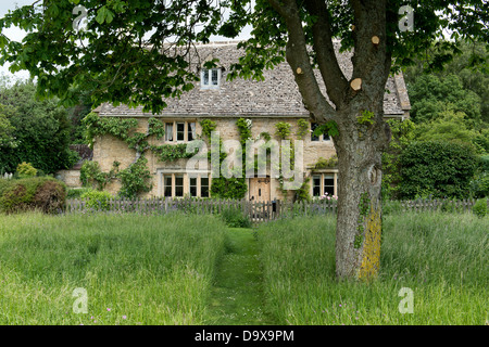 Percorso falciata attraverso erba lunga che conduce fino a Cotswold cottage in pietra. Wyck Rissington, Cotswolds, Gloucestershire, Inghilterra Foto Stock