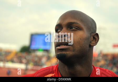 Ostrava, Repubblica Ceca. Giugno 27, 2013. Asafa Powell della Giamaica dopo aver conquistato 100 m dash durante il Golden Spike 2013, IAAF World Challenge meeting di atletica a Ostrava, Repubblica Ceca, giovedì 27 giugno, 2013. Powell temporizzati 10,06 secondi. Credito: CTK/Alamy Live News Foto Stock