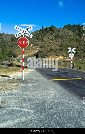 Dh mondo dimenticato autostrada TARANAKI NUOVA ZELANDA SH43 autostrada statale aprire incrocio ferroviario smettere di cartello stradale nz Foto Stock