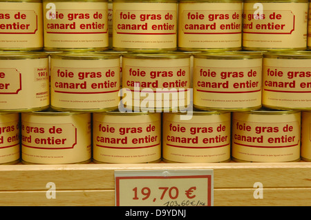 Conserve di oche, foie gras, Agriturismo Oche, Rocamadour, regione Midi-Pyrenees, lotto Reparto, Perigord oche, Francia, Europ Foto Stock