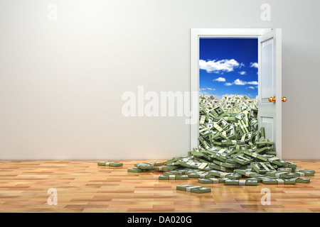 Concetto di ricchezza. Apertura della porta e heap dollaro. 3d Foto Stock