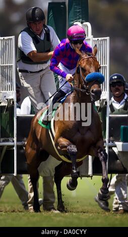 Inglewood, California, Stati Uniti d'America. Il 29 giugno, 2013. Ovviamente con Joe Talamo a bordo vince il 2013 in esecuzione del calzolaio miglio picchetti, un Breeders' Cup ''vincere e sei in gara a Betfair Hollywood Park a Inglewood, CA il 15 giugno 2013. Credito: Alex Evers/eclipse/ZUMAPRESS.com/Alamy Live News Foto Stock