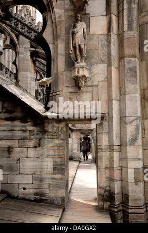 Guglie e statue e una miriade di forme e disegni sul tetto del Duomo di Milano Italia Foto Stock