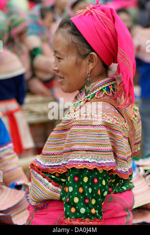 Ritratto di fiore donna Hmong al mercato di Bac Ha, Vietnam, sud-est asiatico Foto Stock